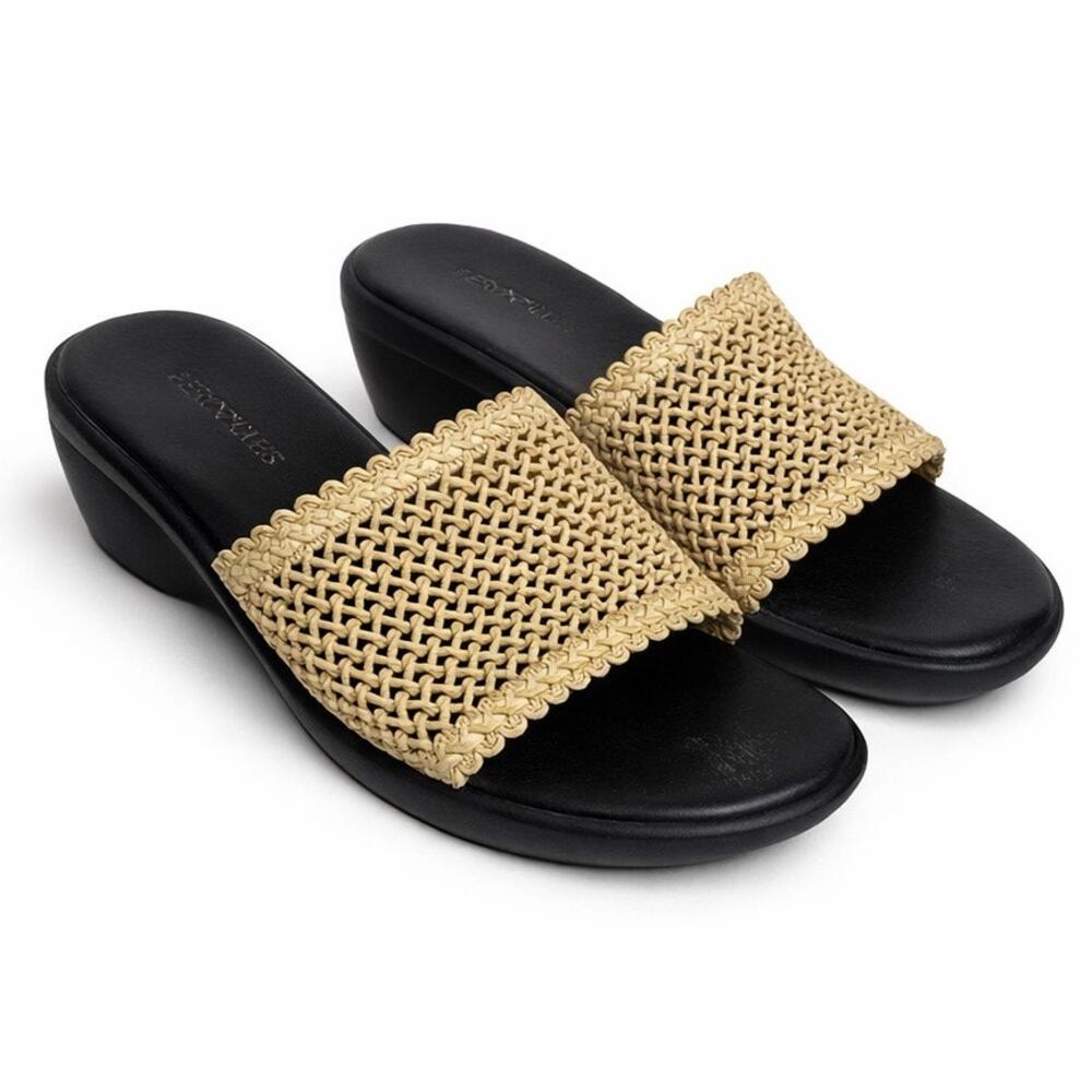 Aerosoles Raffia Wedge Slide Sandals | Black & Tan Woven Strap | Size 8.5M